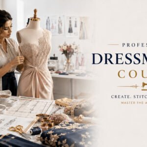Dressmaking Course showing a professional dressmaker creating a tailored garment with fabrics, patterns, and sewing tools.