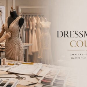 Dressmaking Course featuring a fashion designer creating a bespoke garment with patterns, fabrics, and a dress form.