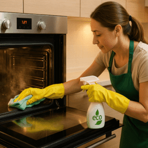 Eco-friendly oven cleaning course image showing a cleaner wiping an oven with safe tools.