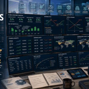 Student studying Economics Diploma with economic charts, financial markets, trade data and macroeconomic analysis dashboards.
