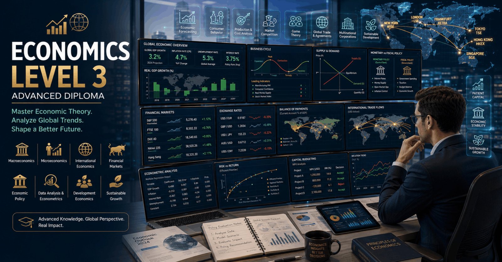 Student studying Economics Diploma with economic charts, financial markets, trade data and macroeconomic analysis dashboards.
