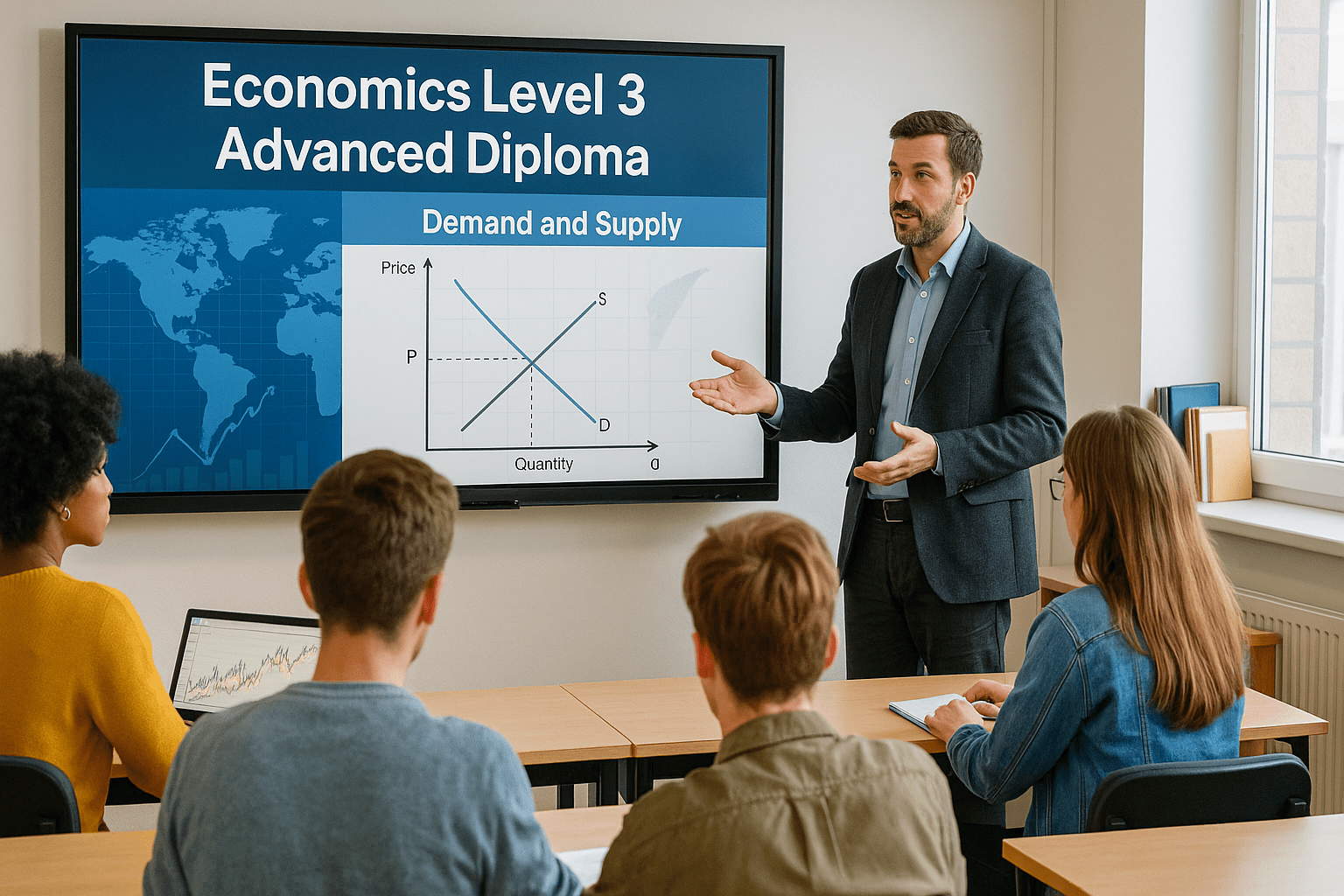 Students learning micro and macro concepts in an economics advanced diploma classroom