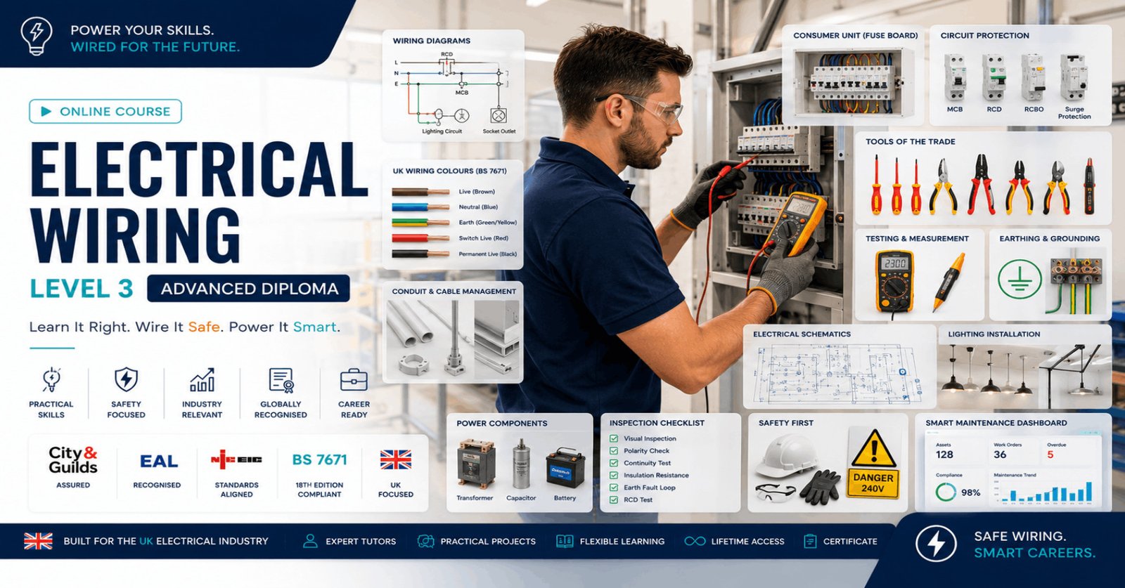 Professional Electrical Wiring Diploma course featuring electrical installation, wiring tools, switchboards, and safety practices.