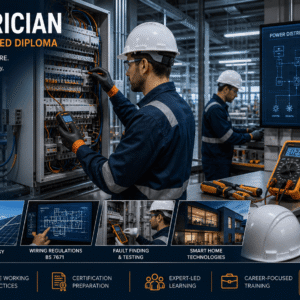 Electrician Diploma course showing a professional electrician working on modern electrical systems and wiring panels