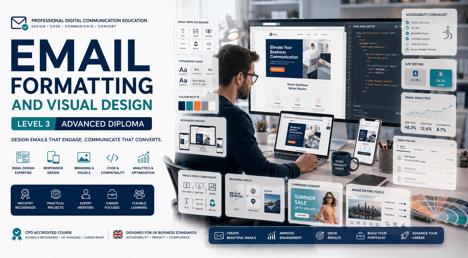 Professional Email Design Course featuring HTML email templates, responsive layouts, branding, and visual communication.