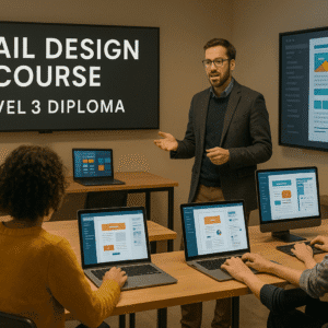 Students learning email formatting and visual design with laptops in a creative UK classroom, Level 3 Diploma.