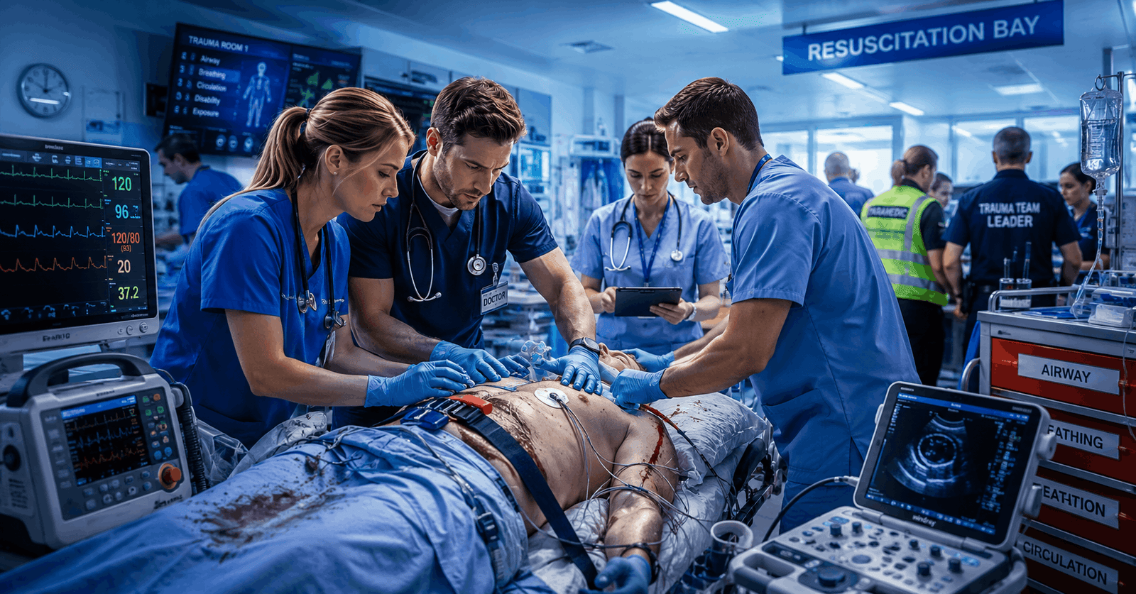 Emergency healthcare team managing critical trauma care in an Emergency Medicine Course setting