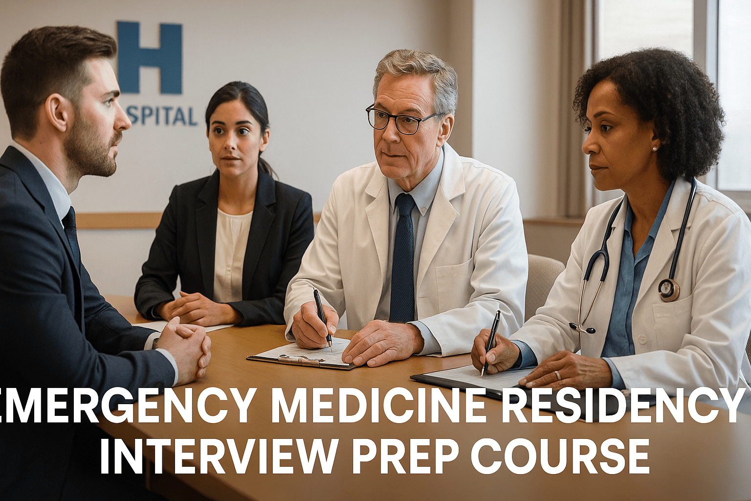 Medical students in a mock Emergency Medicine interview setting with mentors offering feedback and coaching.