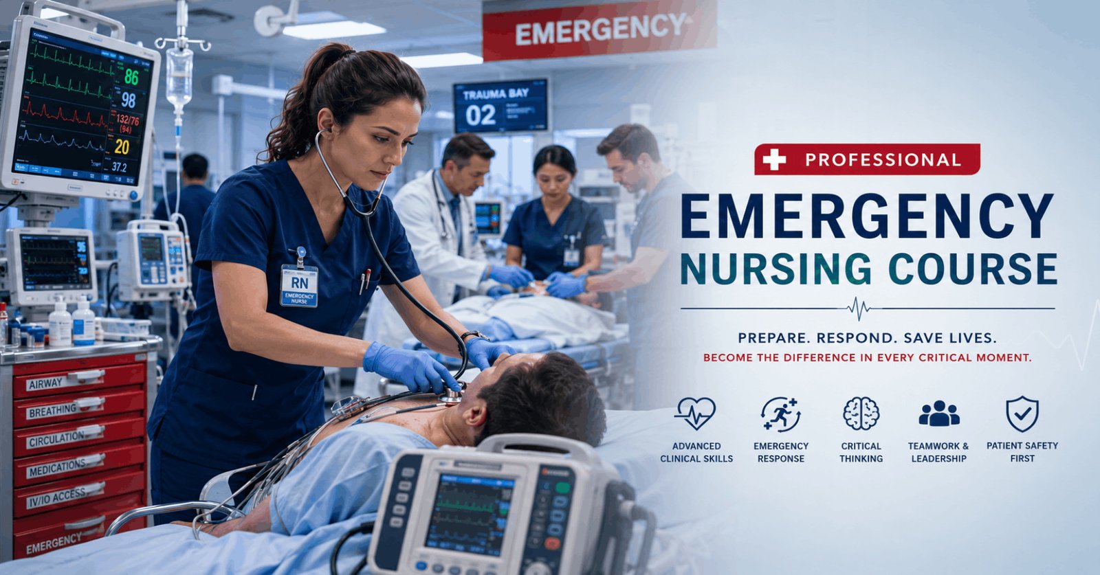 Emergency Nursing Course showing nurses providing emergency care with advanced monitoring equipment in a modern emergency department.