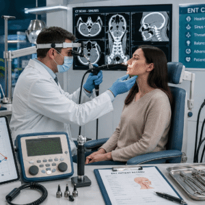 ENT specialist examining patient using modern ENT diagnostic equipment in clinical setting