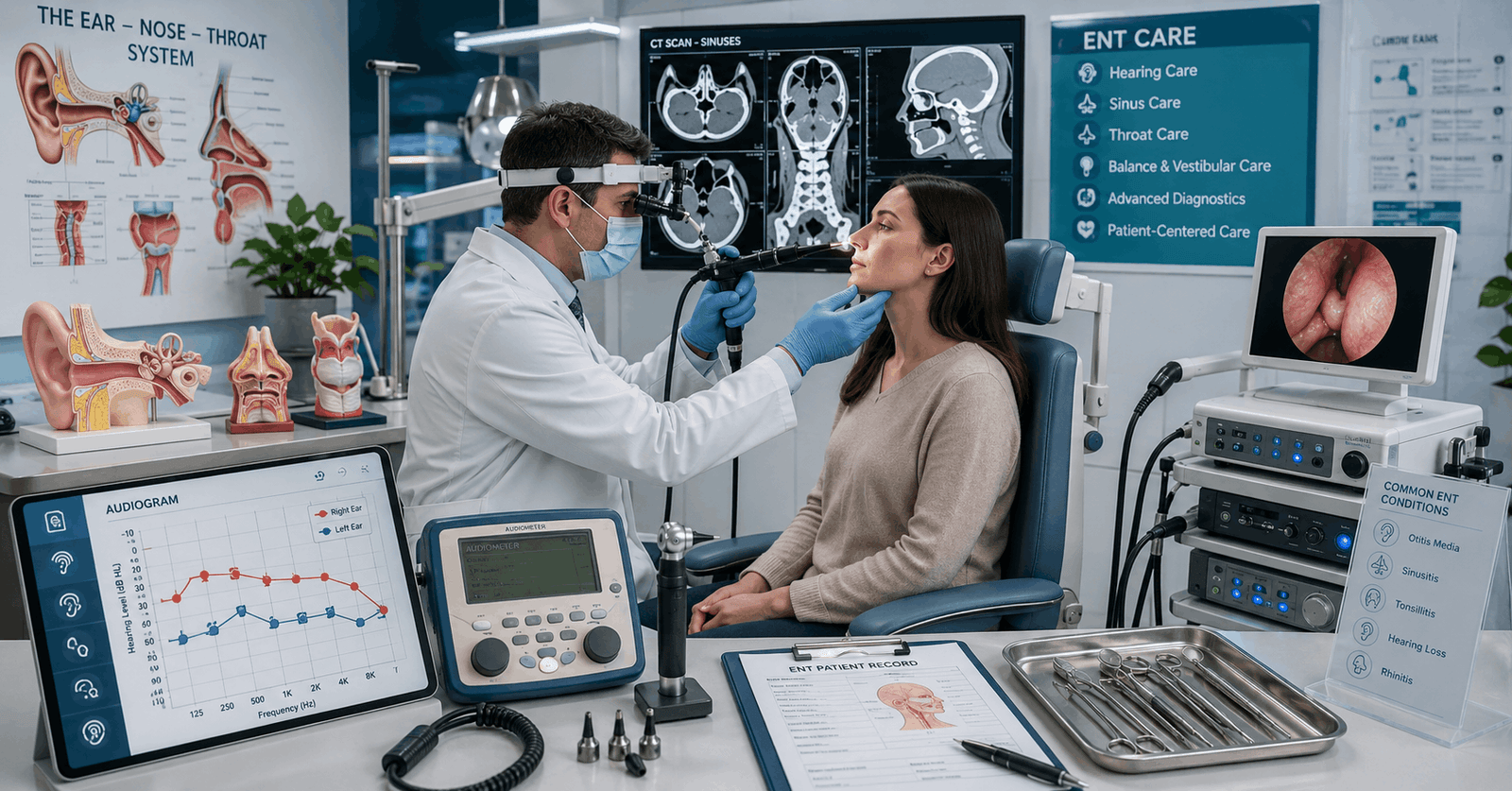 ENT specialist examining patient using modern ENT diagnostic equipment in clinical setting