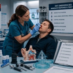 Medical professional providing ENT Emergencies first aid treatment in emergency healthcare setting