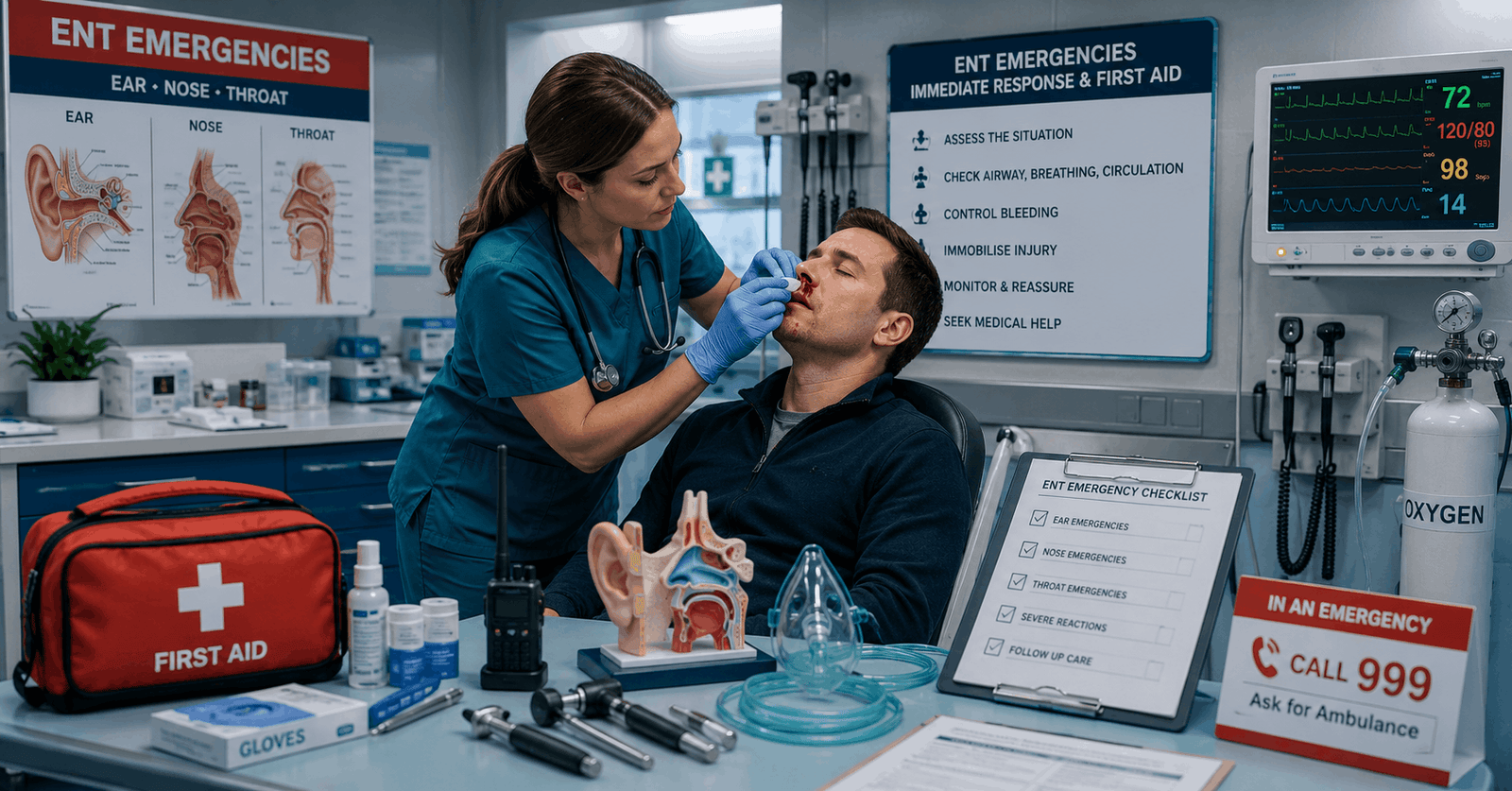 Medical professional providing ENT Emergencies first aid treatment in emergency healthcare setting