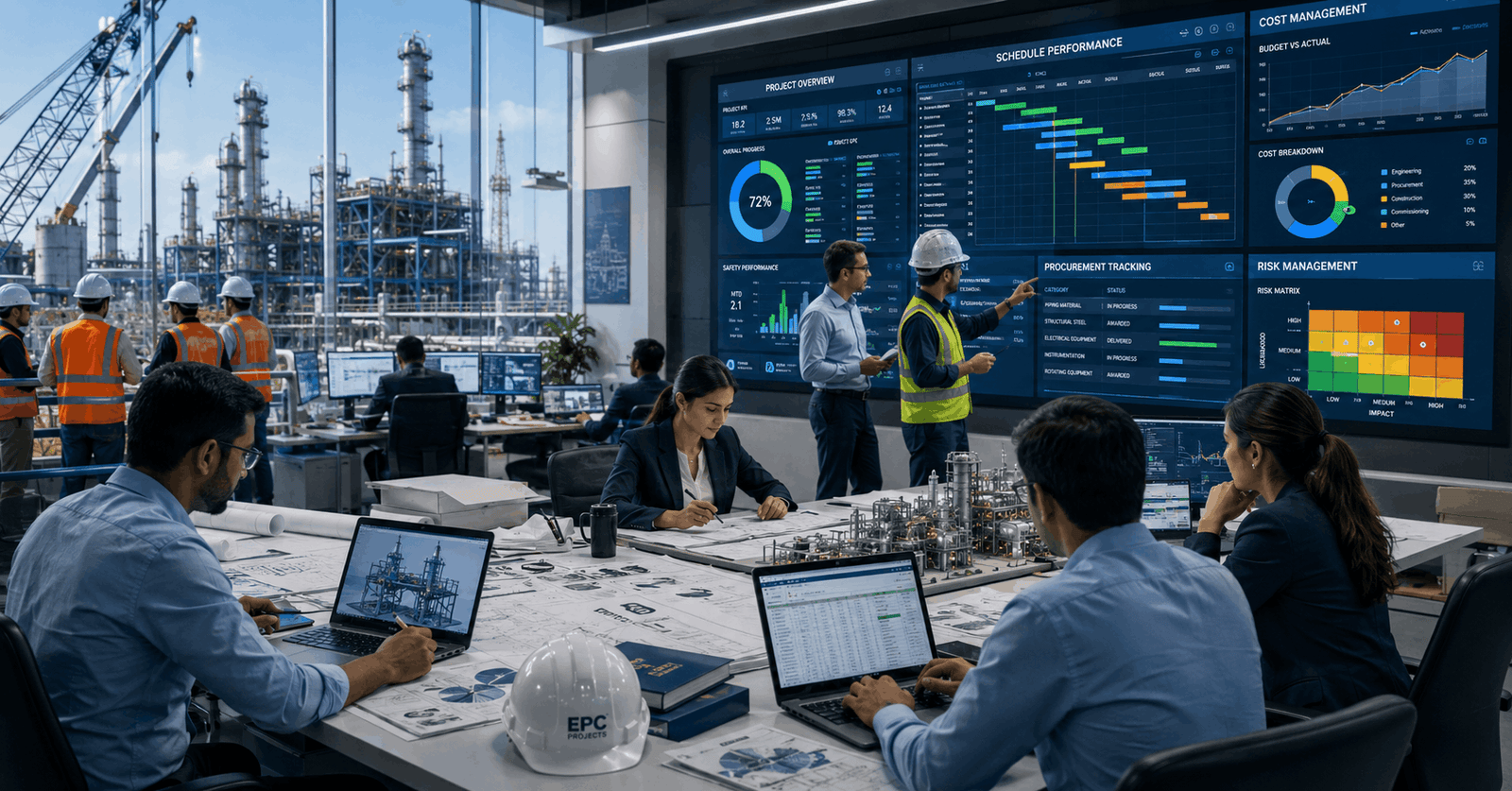 Professional EPC Project Management team coordinating engineering and construction operations