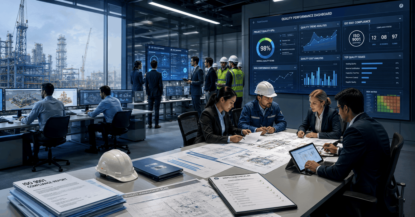 Professional EPC Quality Management team reviewing construction quality and compliance reports
