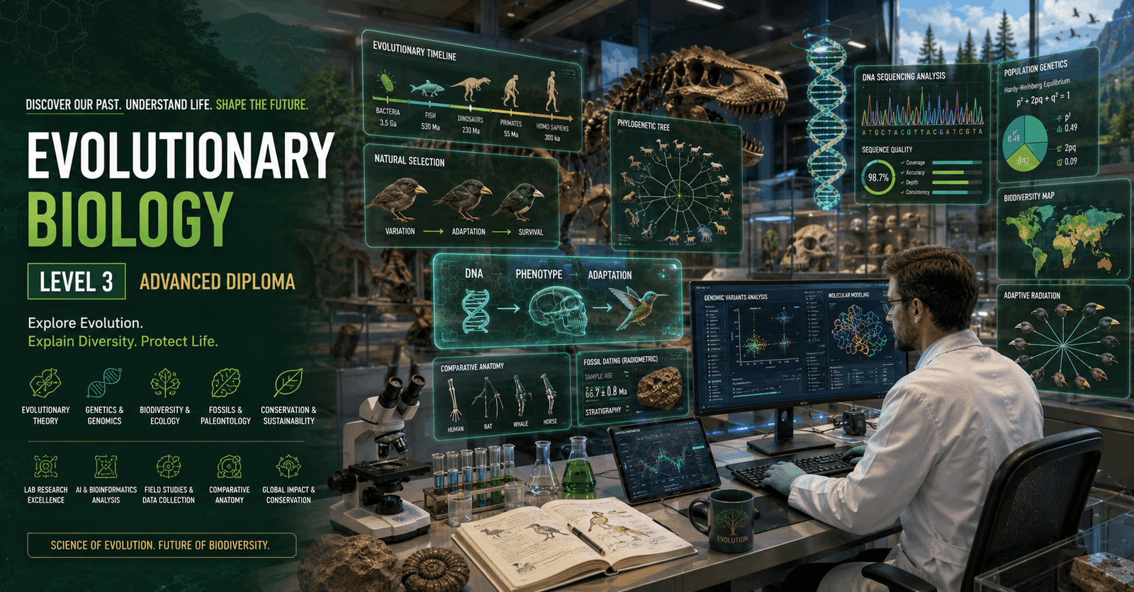Scientist studying genetics, fossils and ecosystems during Evolutionary Biology Diploma research in a modern laboratory.