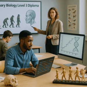 Students studying fossils, DNA, and species evolution in an evolutionary biology diploma class