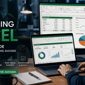 Excel Training Course showing professional working on data analysis, charts, and dashboards on a modern computer setup