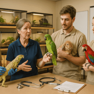 students learning exotic animal care with reptiles, birds, and small mammals in a modern training centre