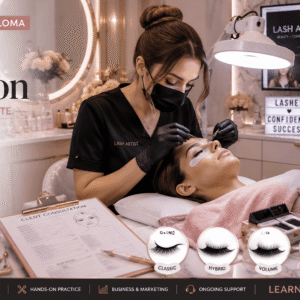 Eyelash Extension Diploma course showing a professional lash artist applying eyelash extensions in a luxury beauty studio