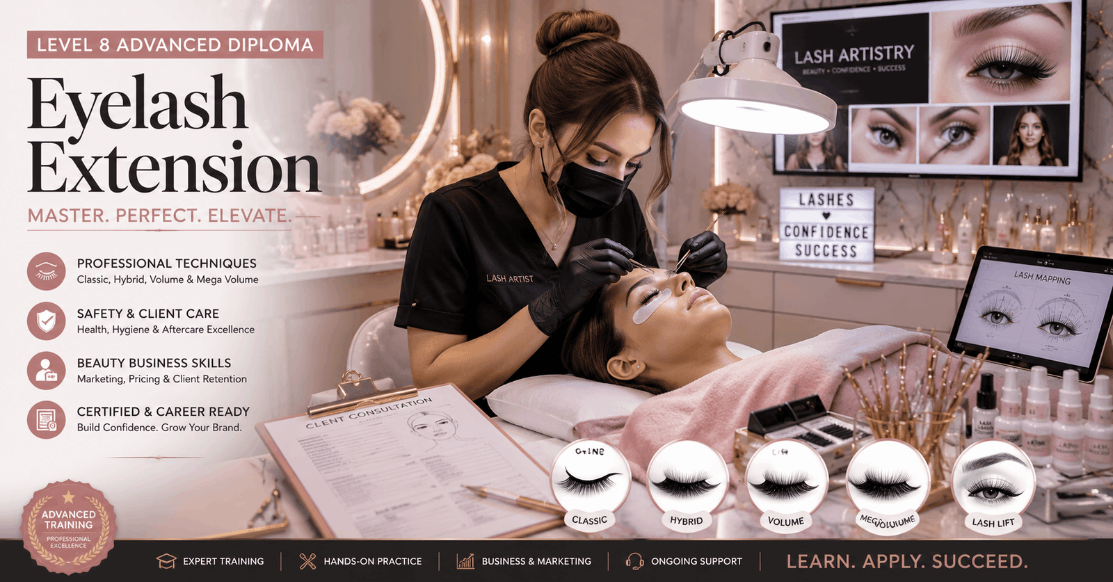 Eyelash Extension Diploma course showing a professional lash artist applying eyelash extensions in a luxury beauty studio