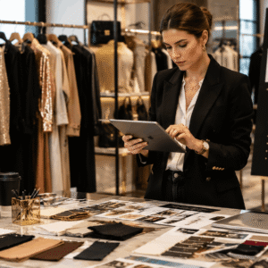 Professional fashion buyer reviewing clothing collections in a Fashion Buyer Course retail studio