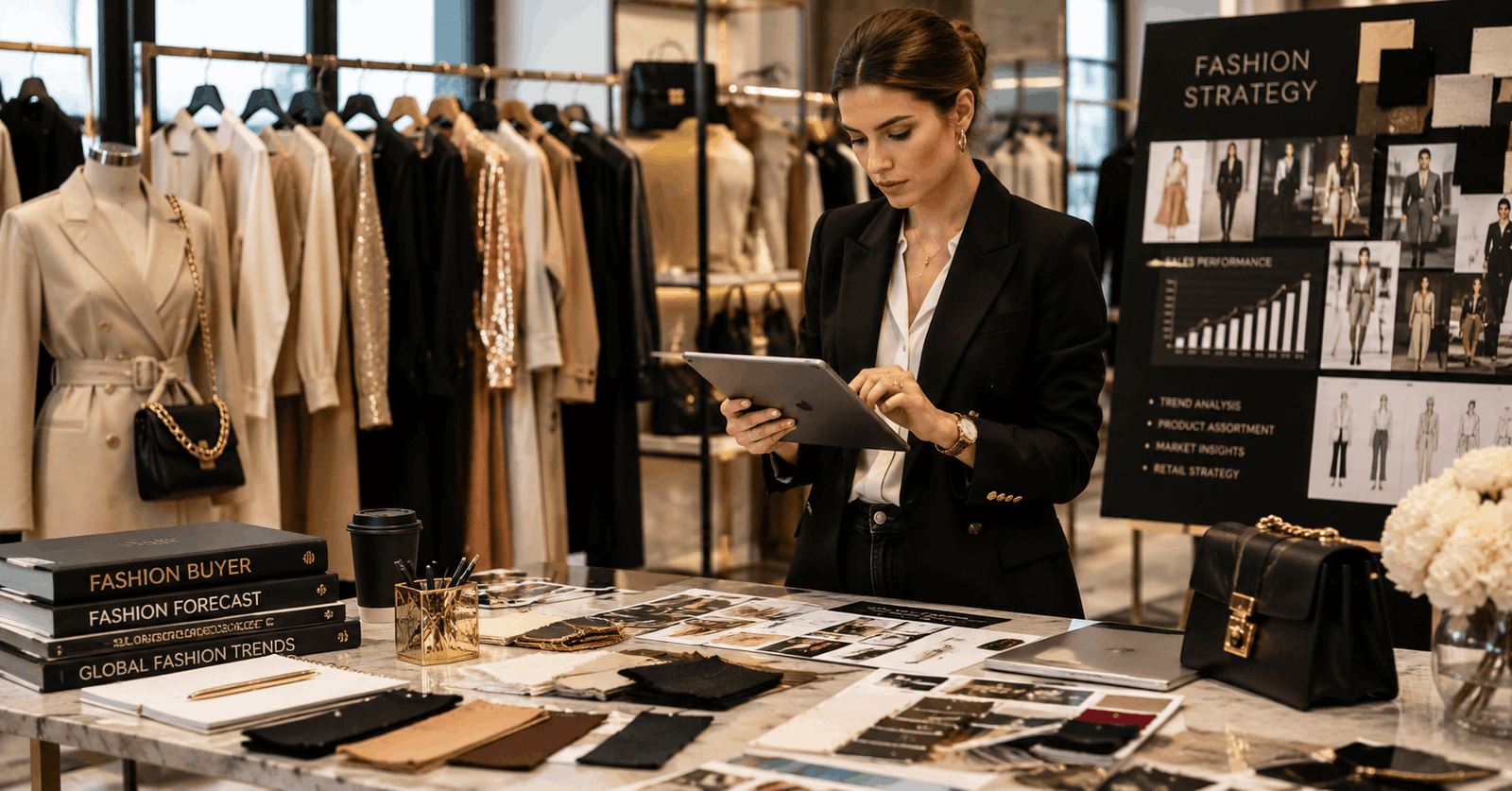 Professional fashion buyer reviewing clothing collections in a Fashion Buyer Course retail studio