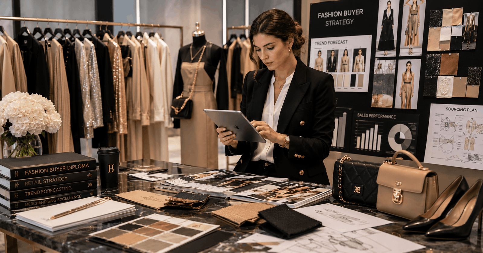 Professional fashion buyer reviewing retail collections in a Fashion Buyer Diploma training studio