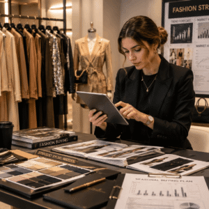 Fashion retail buyer analysing clothing collections in a Fashion Buying Course training environment