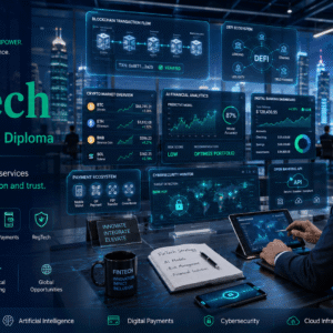 FinTech professional analysing blockchain, AI and digital banking solutions during FinTech Diploma training.