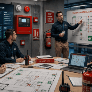 Fire Safety Course showing emergency planning, fire risk assessment, and professional fire protection training