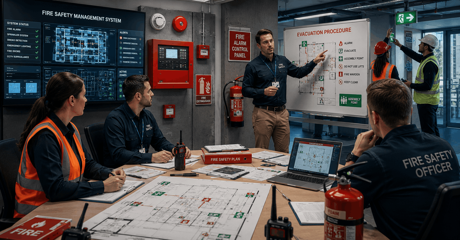 Fire Safety Course showing emergency planning, fire risk assessment, and professional fire protection training