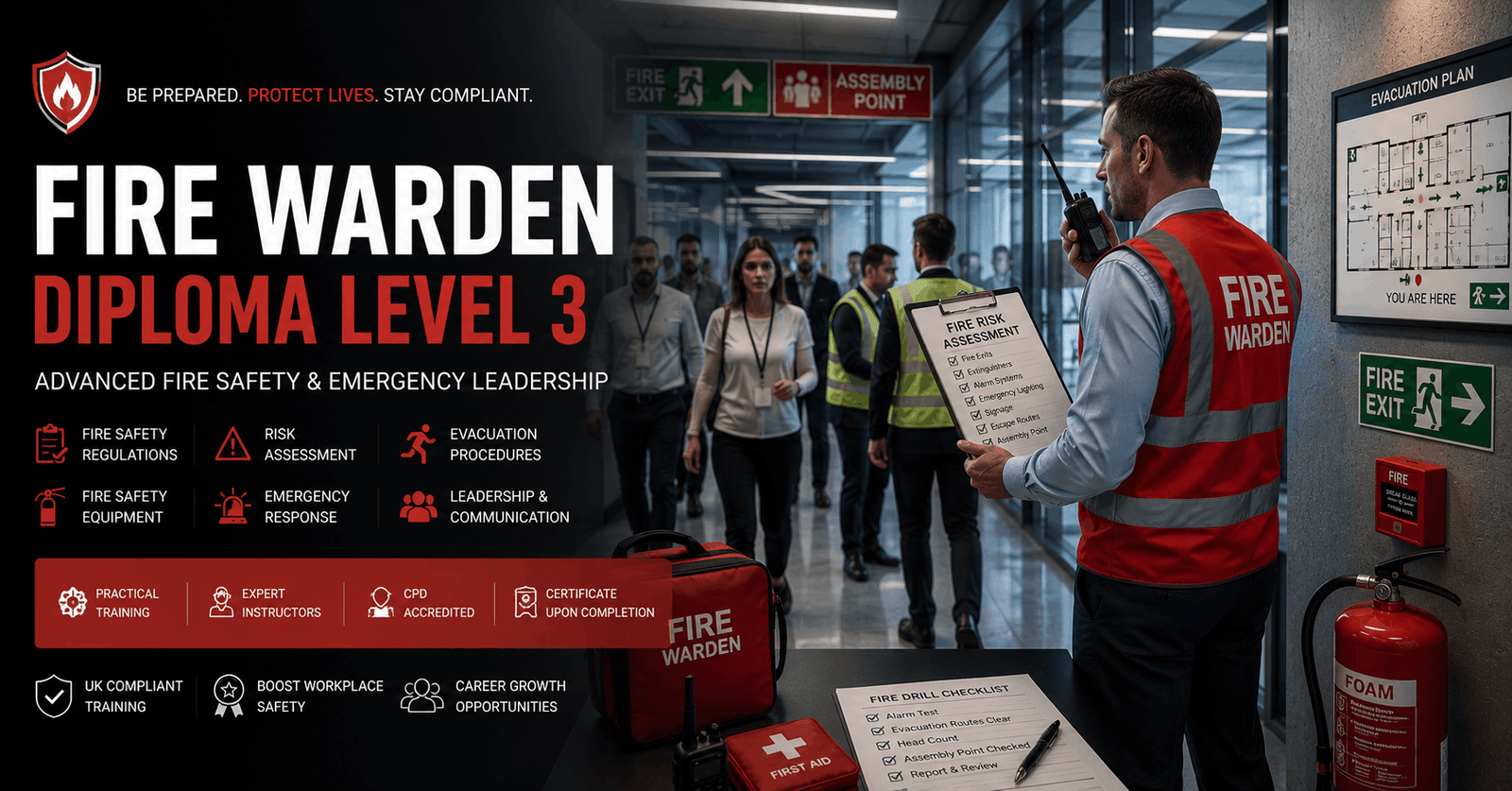 Fire Warden Diploma training with workplace evacuation, fire safety equipment, and emergency response procedures