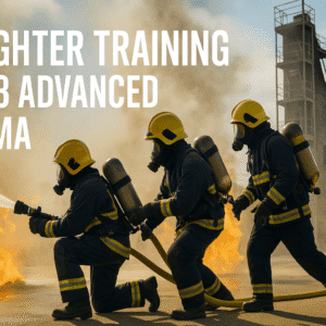 Firefighter Training Level 3 Diploma students practising rescue and fire suppression in UK training facility
