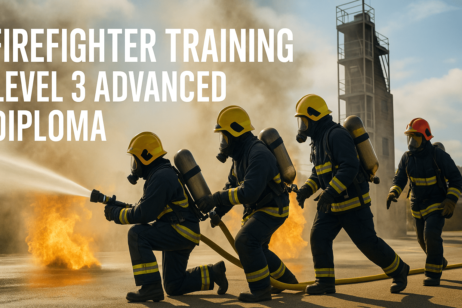 Firefighter Training Level 3 Diploma students practising rescue and fire suppression in UK training facility