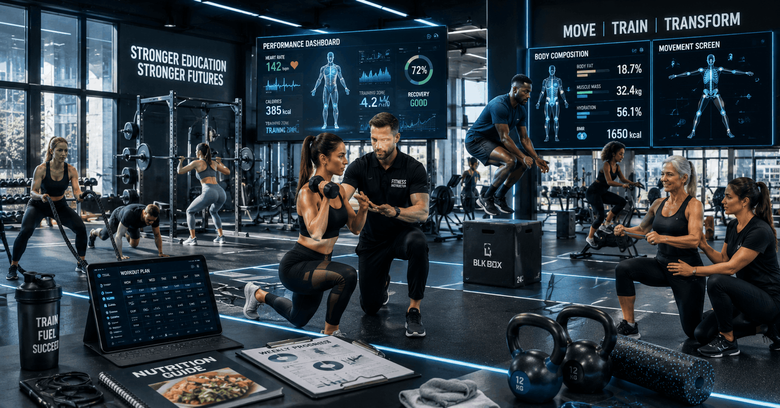 Fitness Instructor Diploma trainers coaching clients in a modern gym using advanced strength and conditioning techniques