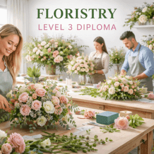 Floristry Level 3 Diploma training showing a florist creating elegant bouquets and event floral arrangements