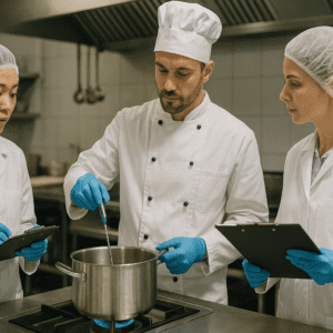 Food hygiene and safety professionals inspecting food storage and hygiene compliance in a modern kitchen.