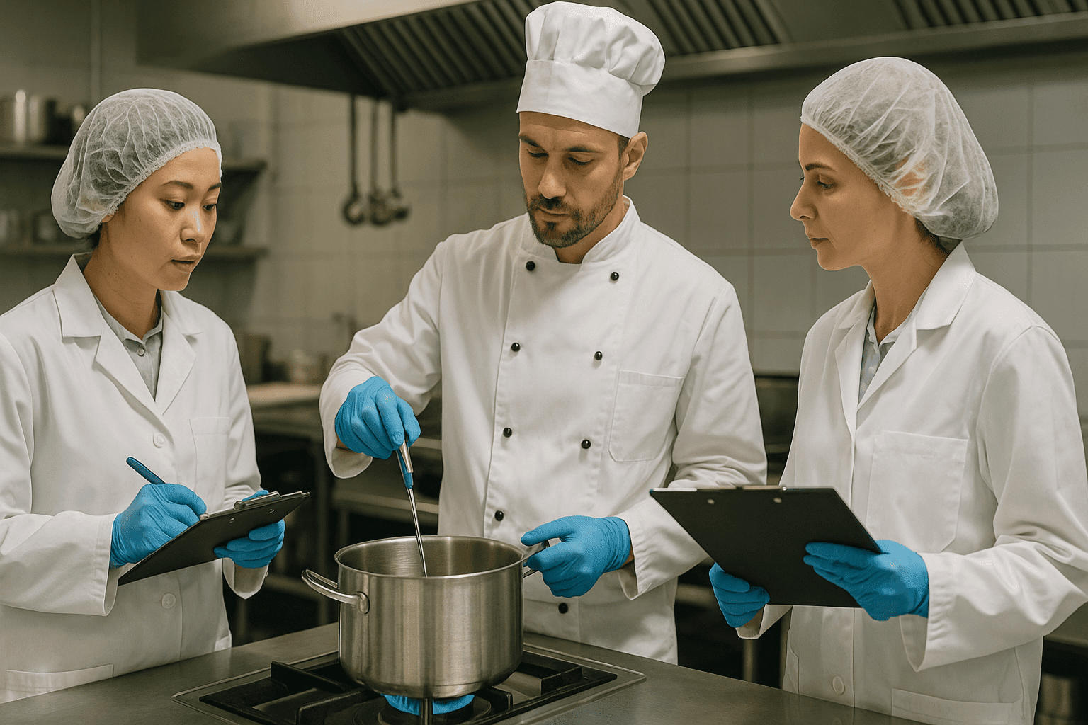Food hygiene and safety professionals inspecting food storage and hygiene compliance in a modern kitchen.