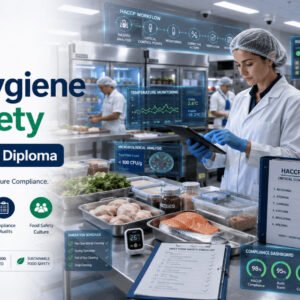 Food safety manager demonstrating Food Hygiene Diploma practices using HACCP and hygiene procedures in a commercial kitchen.