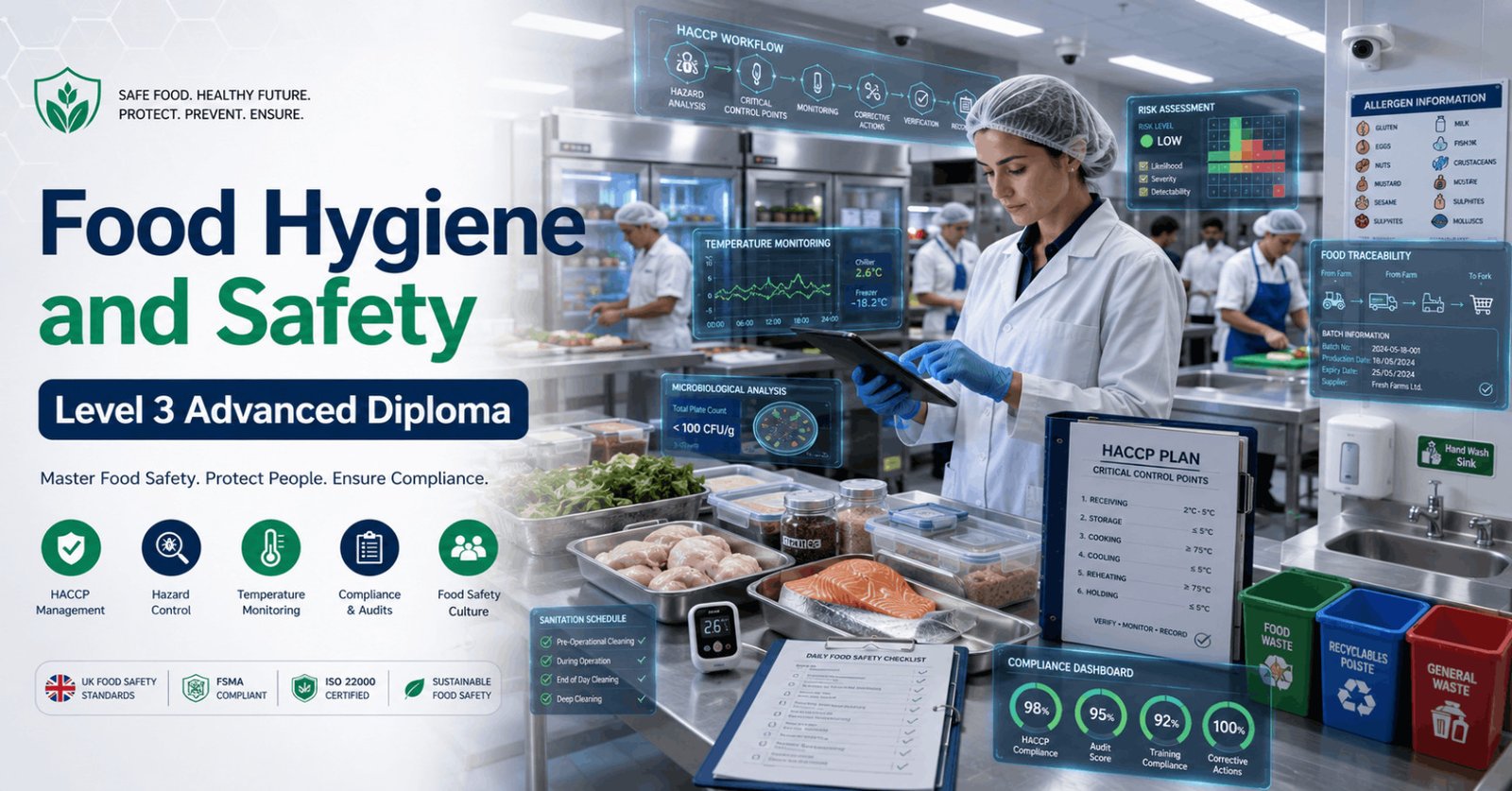 Food safety manager demonstrating Food Hygiene Diploma practices using HACCP and hygiene procedures in a commercial kitchen.