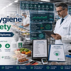 Food safety manager conducting Food Hygiene Level 5 audits in a modern commercial food production facility.