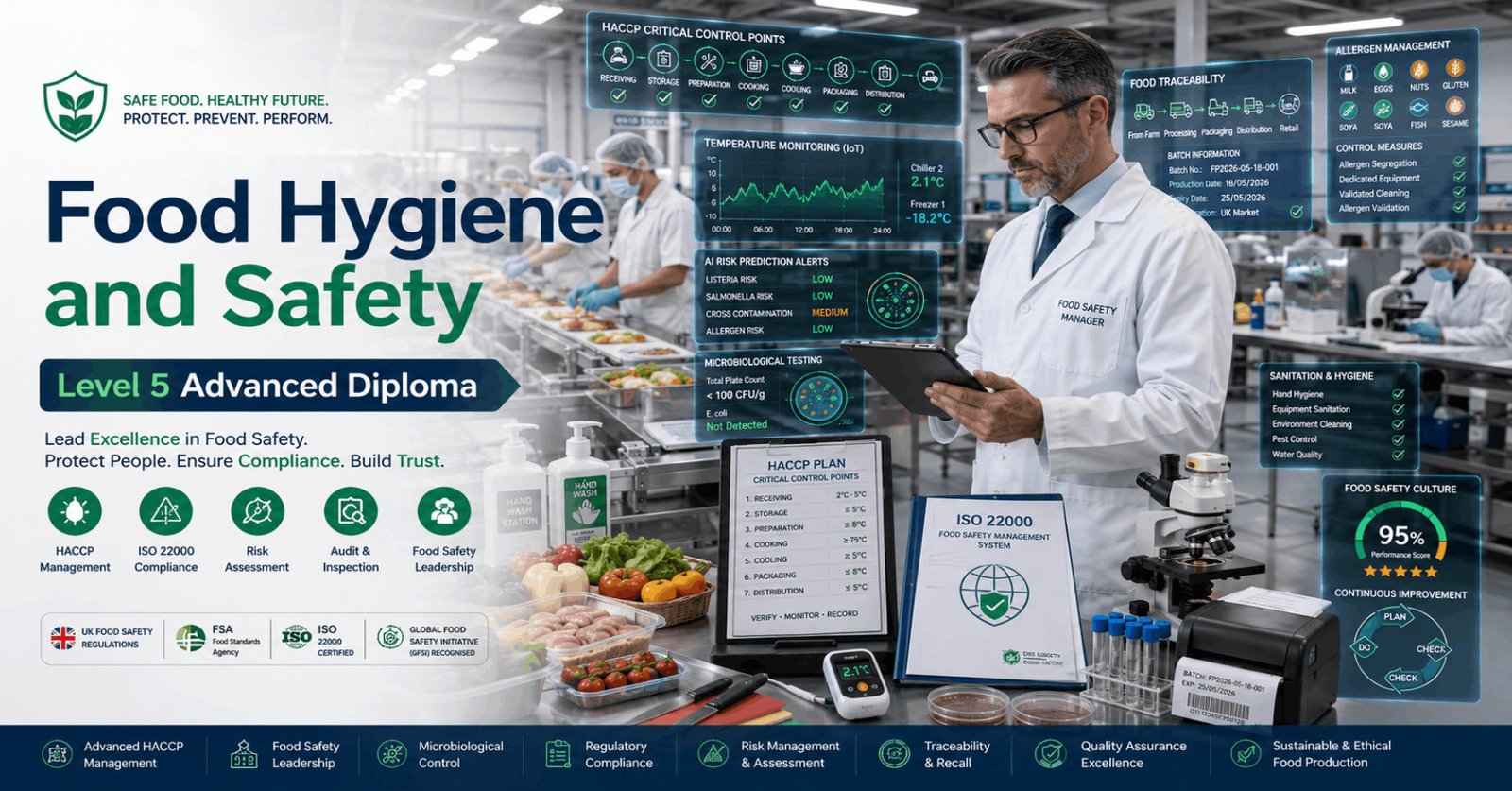 Food safety manager conducting Food Hygiene Level 5 audits in a modern commercial food production facility.