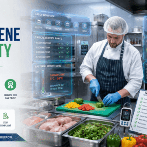 Food handler demonstrating Food Hygiene Safety practices in a commercial kitchen with HACCP and food safety monitoring.