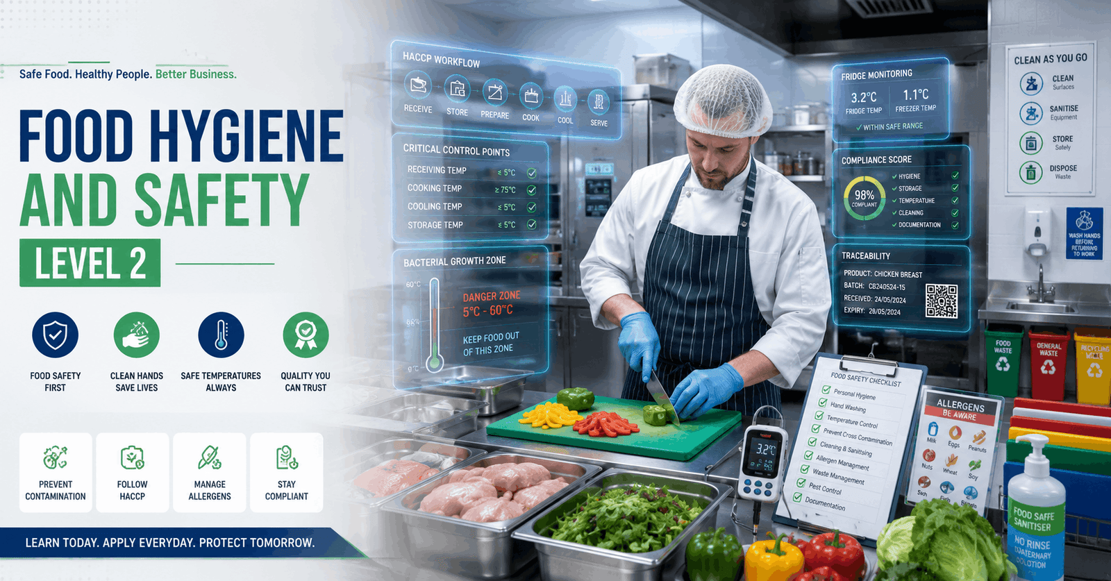 Food handler demonstrating Food Hygiene Safety practices in a commercial kitchen with HACCP and food safety monitoring.