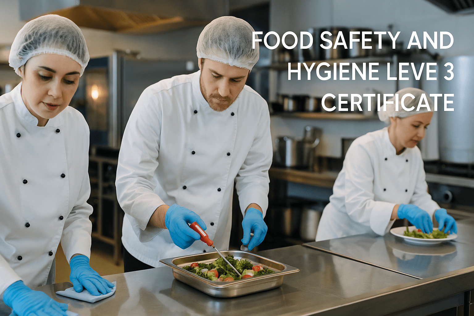 Food Safety and Hygiene Level 3 training showing chefs practising safe food handling and HACCP procedures