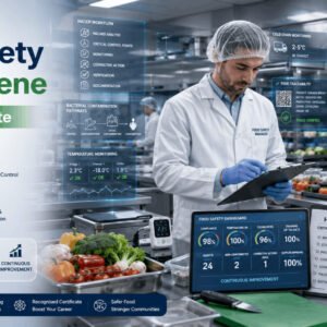 Food safety supervisor completing Food Safety Certificate training in a commercial kitchen using HACCP and hygiene procedures.