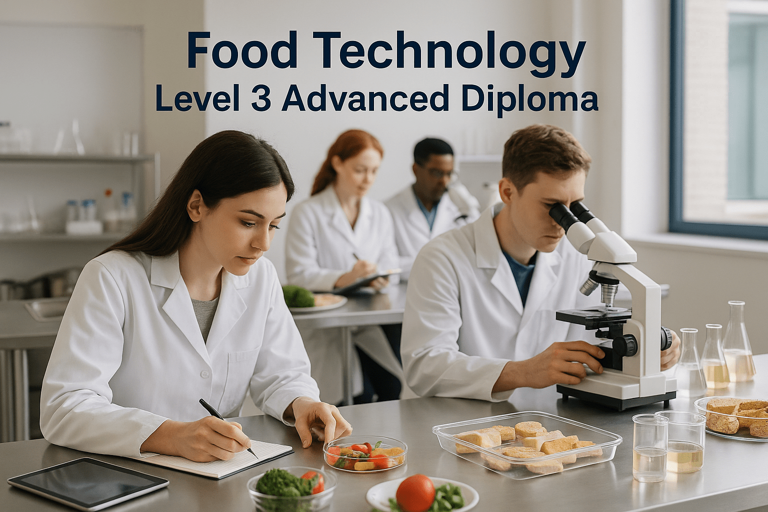 Students in a modern food technology lab testing products and analysing food samples for the Food Technology Diploma.