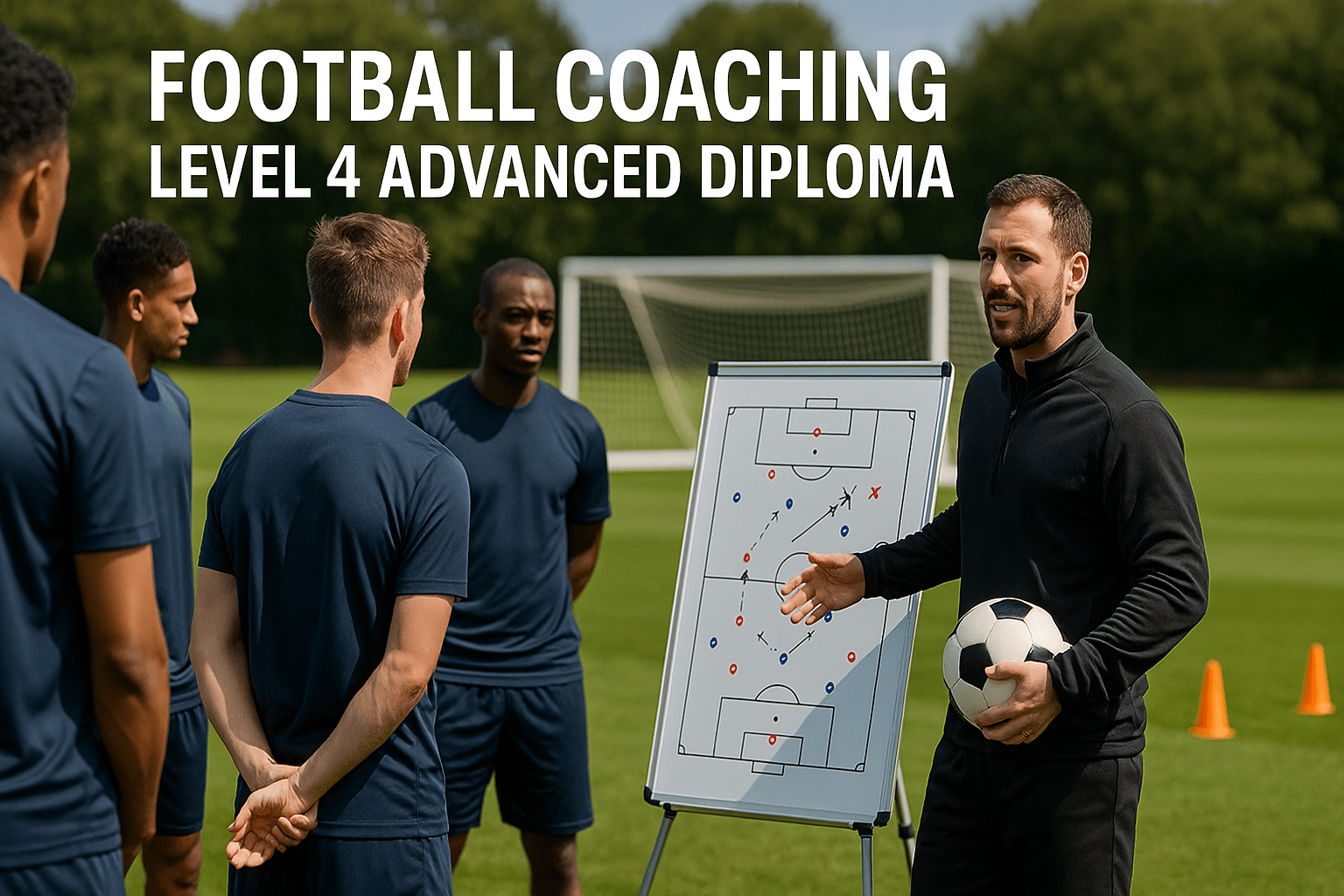 Football Coaching Diploma Level 4 students training on field with coach guiding tactics.