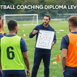 football coaching diploma showing a coach leading tactical drills on a football pitch with players and training cones